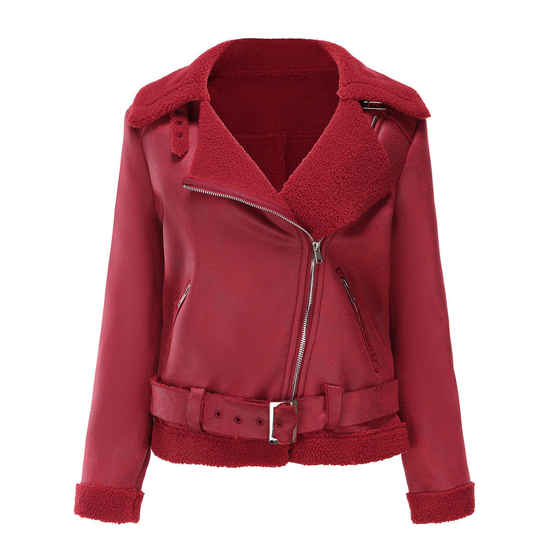 Eco Suede Winter Jacket With Plush Fur Collar And Belt Wine red