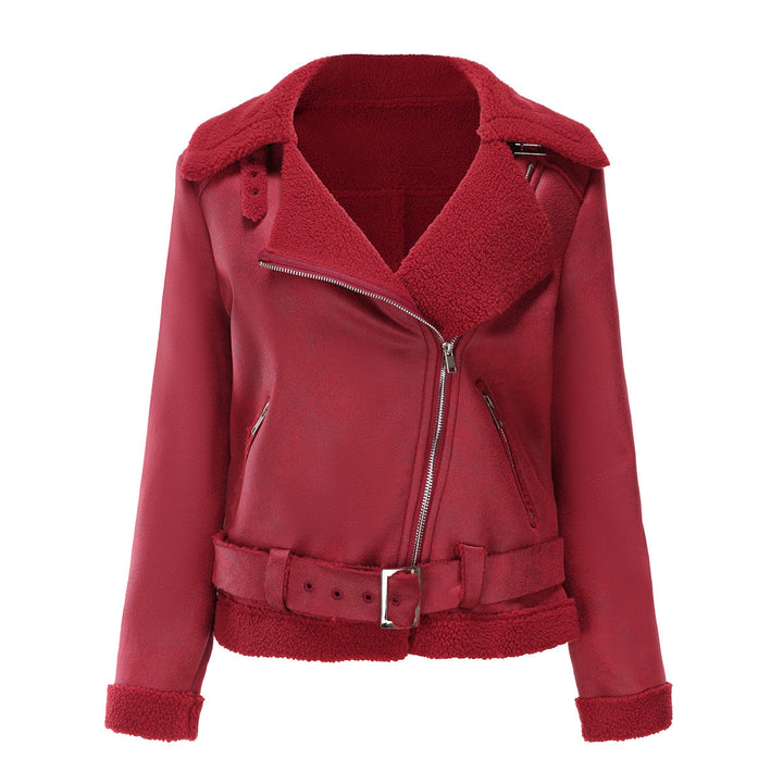 Eco Suede Winter Jacket With Plush Fur Collar And Belt Wine red