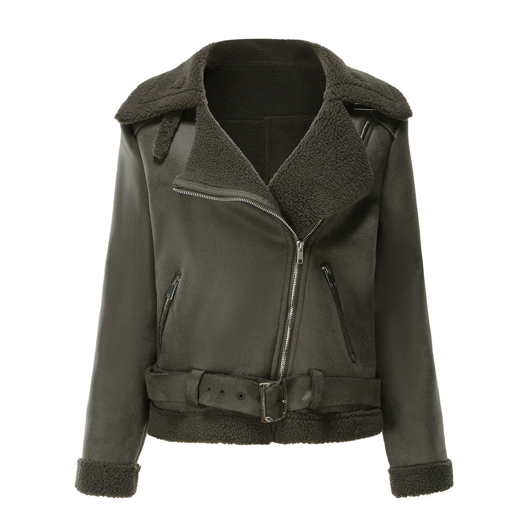 Eco Suede Winter Jacket With Plush Fur Collar And Belt Military green