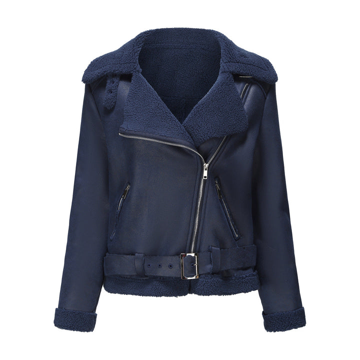 Eco Suede Winter Jacket With Plush Fur Collar And Belt Dark blue