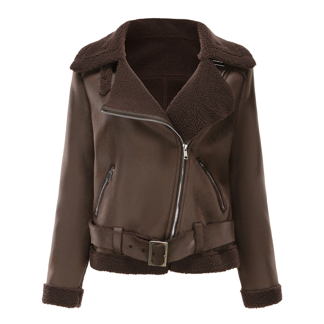 Eco Suede Winter Jacket With Plush Fur Collar And Belt Coffee
