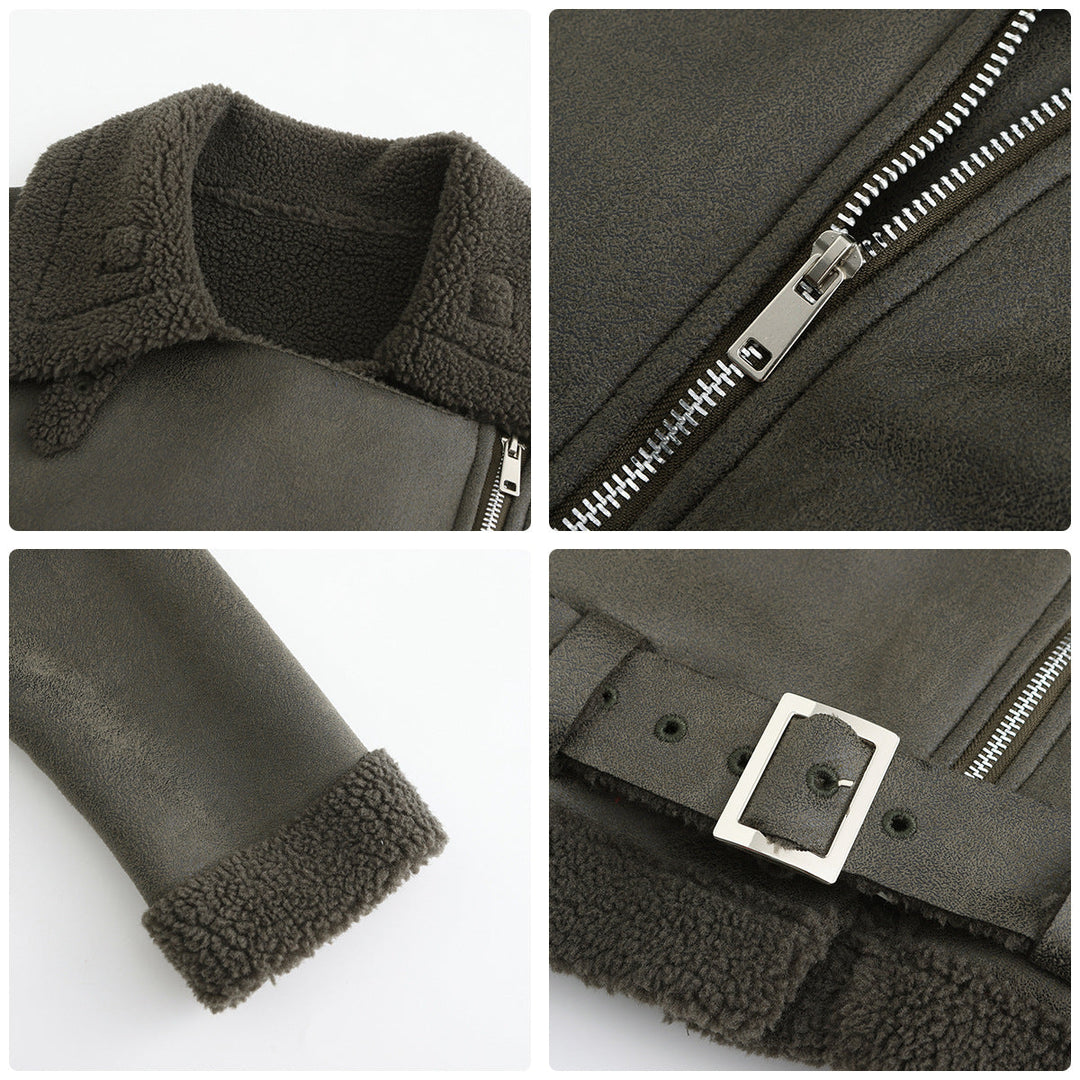 Eco Suede Winter Jacket With Plush Fur Collar And Belt
