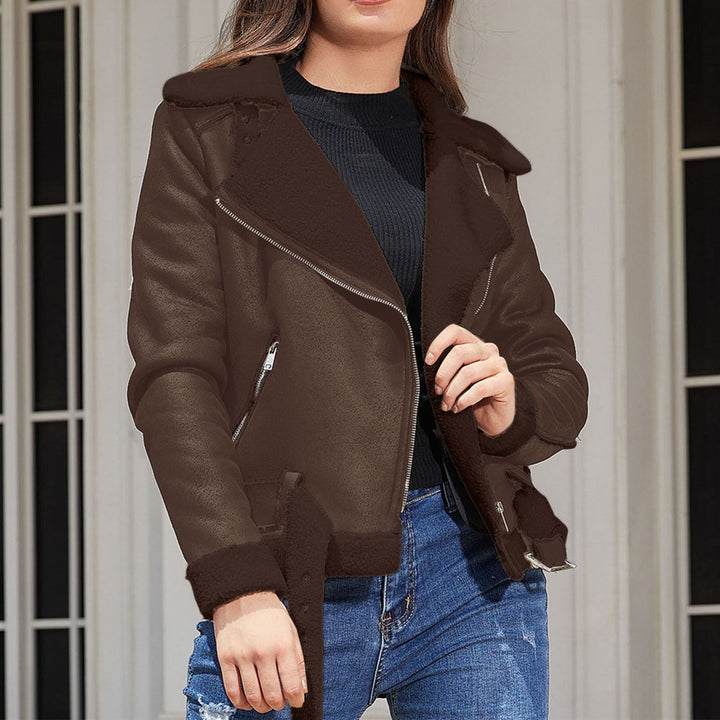 Eco Suede Winter Jacket With Plush Fur Collar And Belt