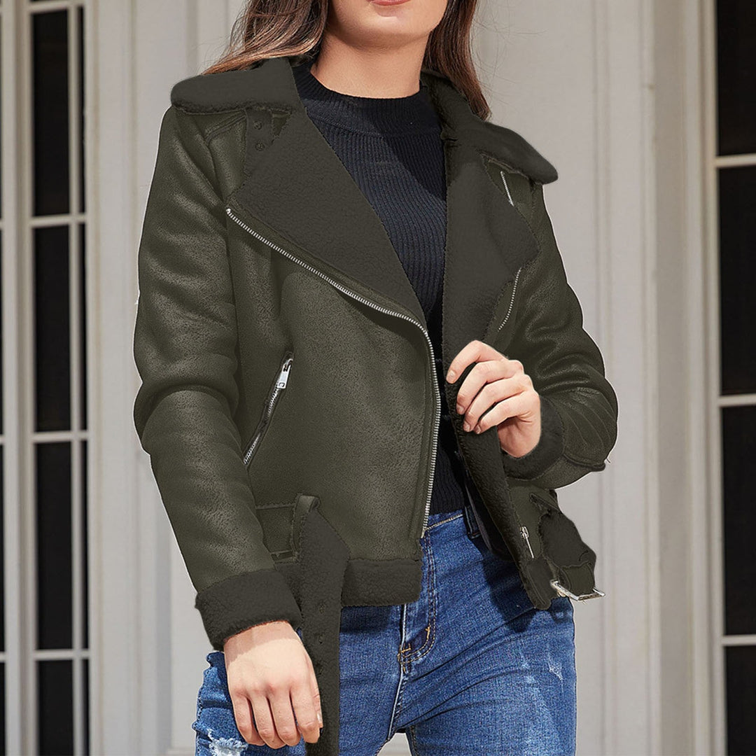 Eco Suede Winter Jacket With Plush Fur Collar And Belt