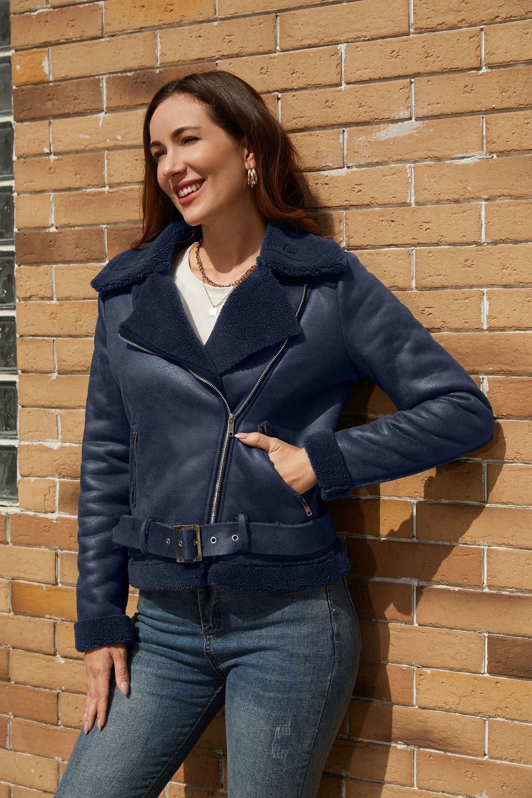 Eco Suede Winter Jacket With Plush Fur Collar And Belt