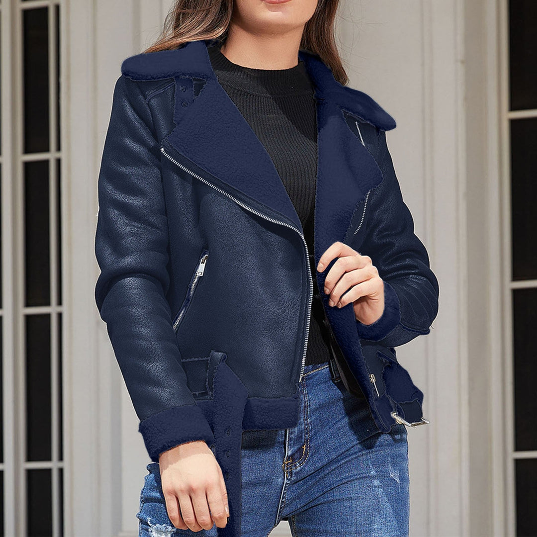 Eco Suede Winter Jacket With Plush Fur Collar And Belt