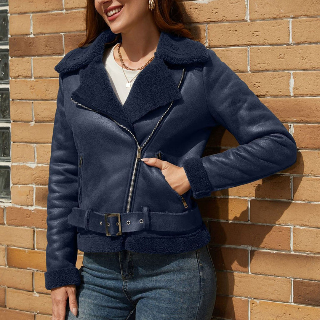 Eco Suede Winter Jacket With Plush Fur Collar And Belt