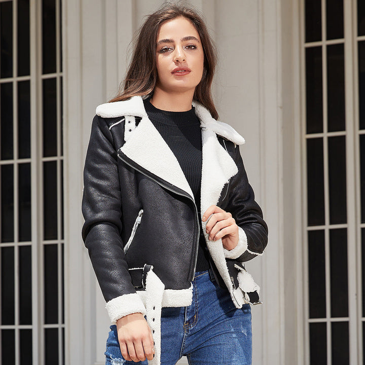Eco Suede Winter Jacket With Plush Fur Collar And Belt