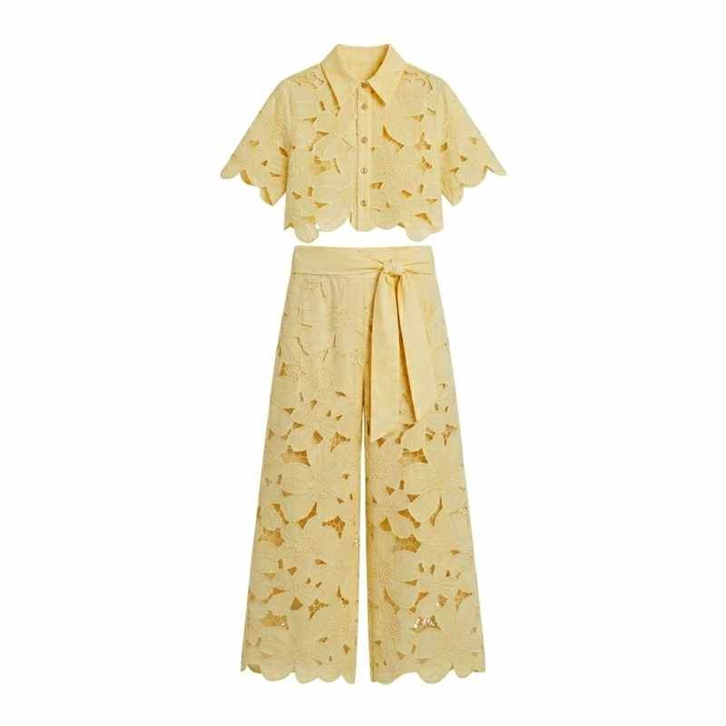Edwina | Women's Lace Floral Cropped Wide Leg Outfit Set-MODAUTLET