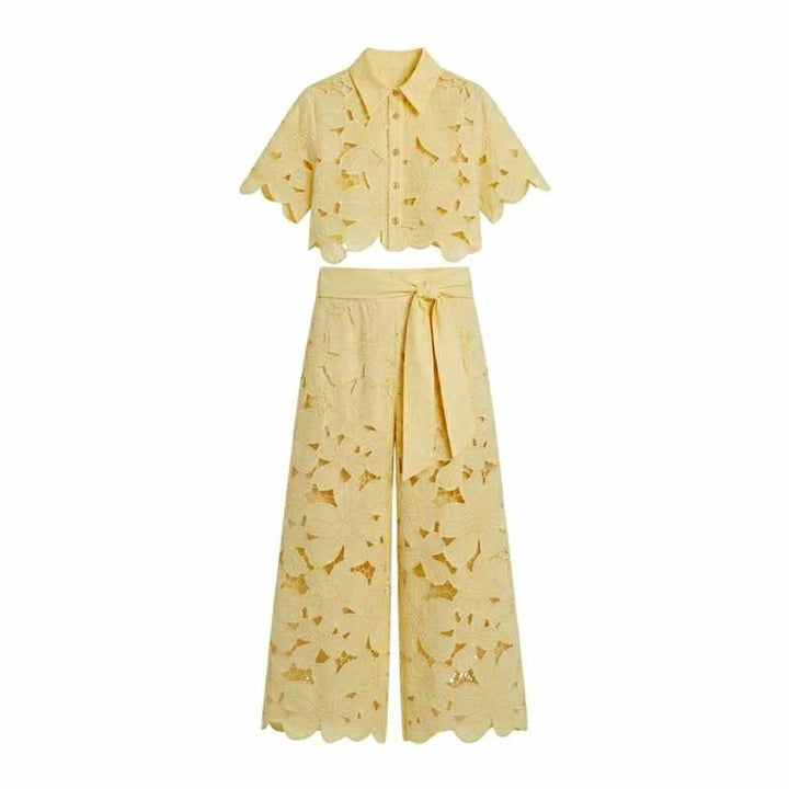 Edwina | Women's Lace Floral Cropped Wide Leg Outfit Set-MODAUTLET