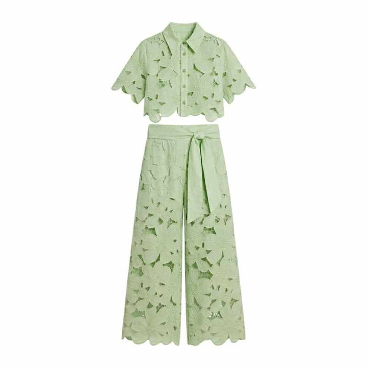 Edwina | Women's Lace Floral Cropped Wide Leg Outfit Set-MODAUTLET