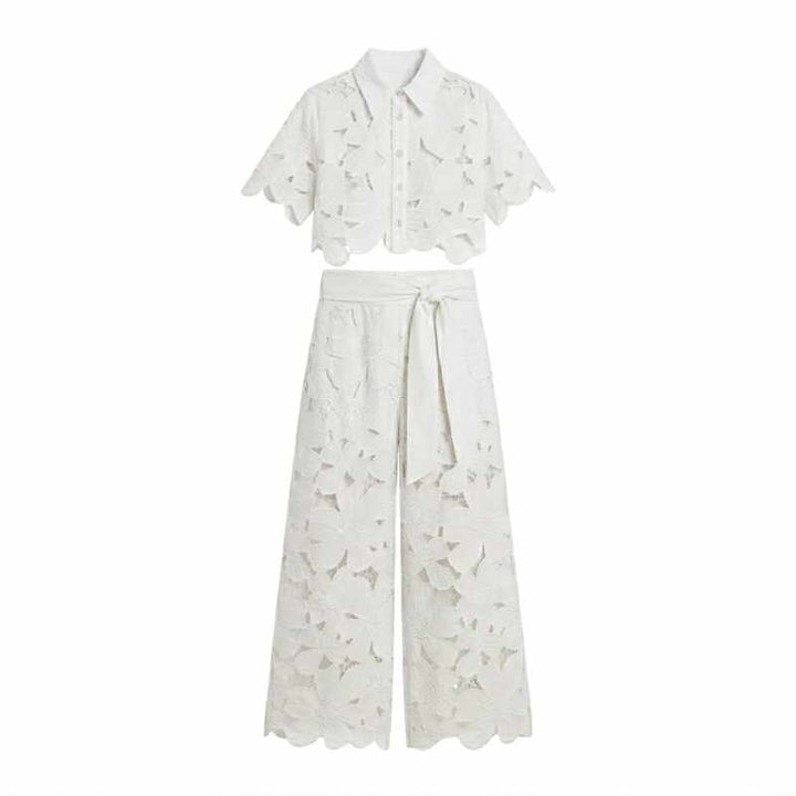 Edwina | Women's Lace Floral Cropped Wide Leg Outfit Set-MODAUTLET