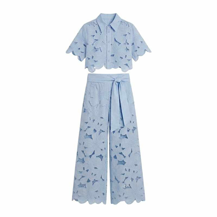 Edwina | Women's Lace Floral Cropped Wide Leg Outfit Set-MODAUTLET
