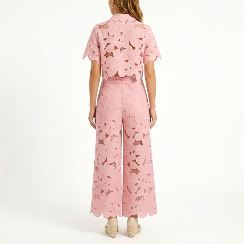 Edwina | Women's Lace Floral Cropped Wide Leg Outfit Set-MODAUTLET