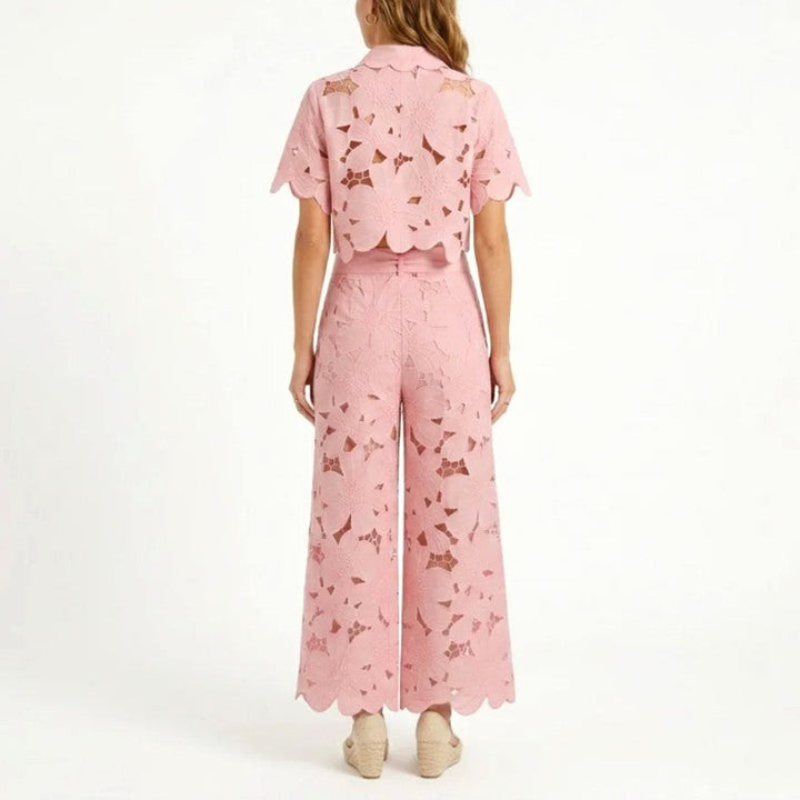 Edwina | Women's Lace Floral Cropped Wide Leg Outfit Set-MODAUTLET