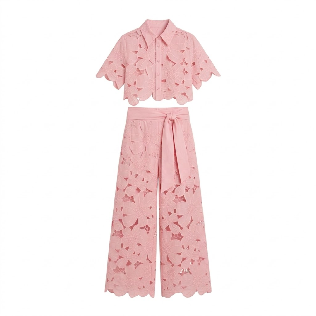 Edwina | Women's Lace Floral Cropped Wide Leg Outfit Set-MODAUTLET