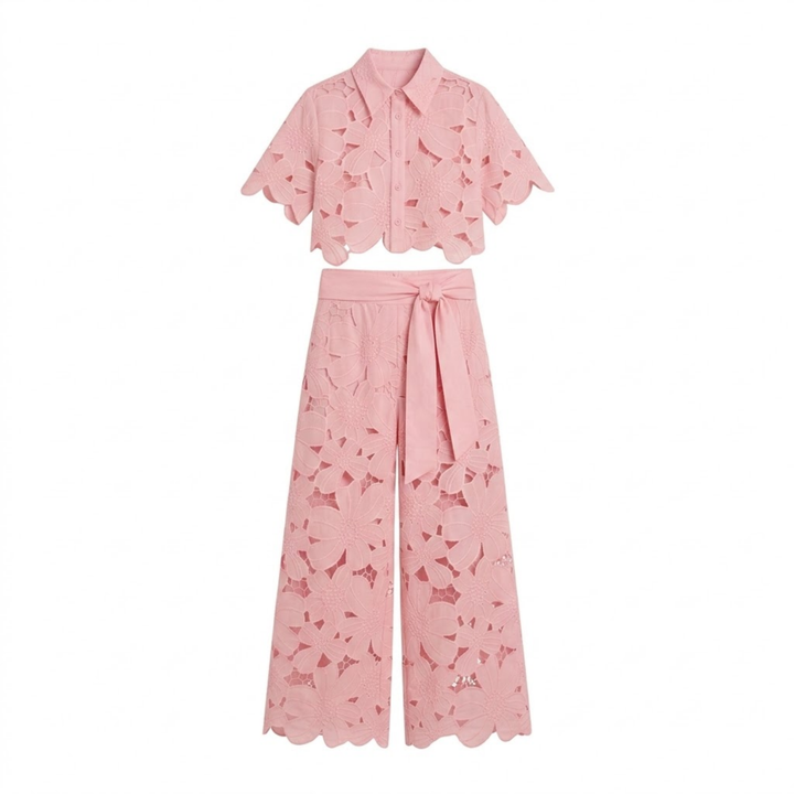 Edwina | Women's Lace Floral Cropped Wide Leg Outfit Set-MODAUTLET