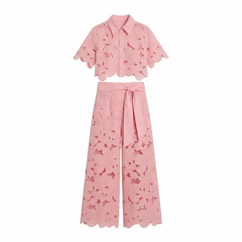 Edwina | Women's Lace Floral Cropped Wide Leg Outfit Set-MODAUTLET