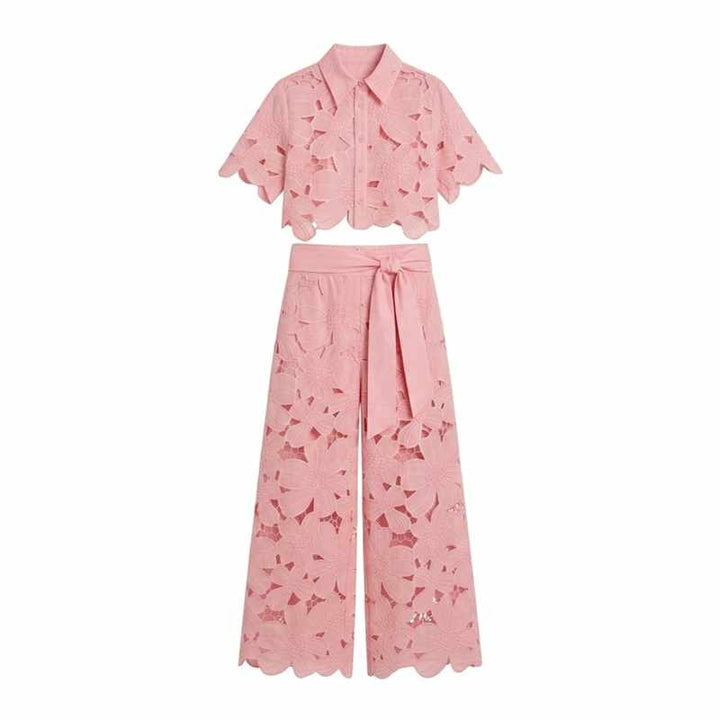 Edwina | Women's Lace Floral Cropped Wide Leg Outfit Set-MODAUTLET