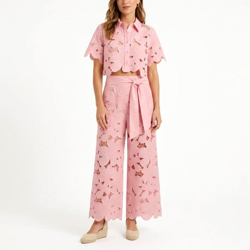 Edwina | Women's Lace Floral Cropped Wide Leg Outfit Set-MODAUTLET