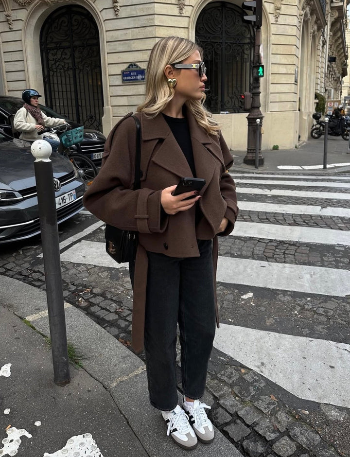 Elegant Cropped Belted Wool Coat