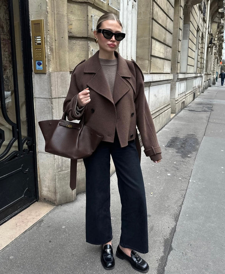 Elegant Cropped Belted Wool Coat