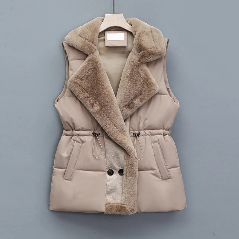 Elegant Layering Vest – Faux-Fur Collar Puffer Khaki