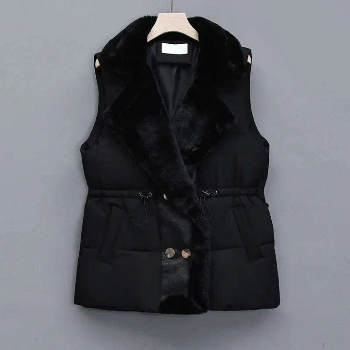 Elegant Layering Vest – Faux-Fur Collar Puffer Black