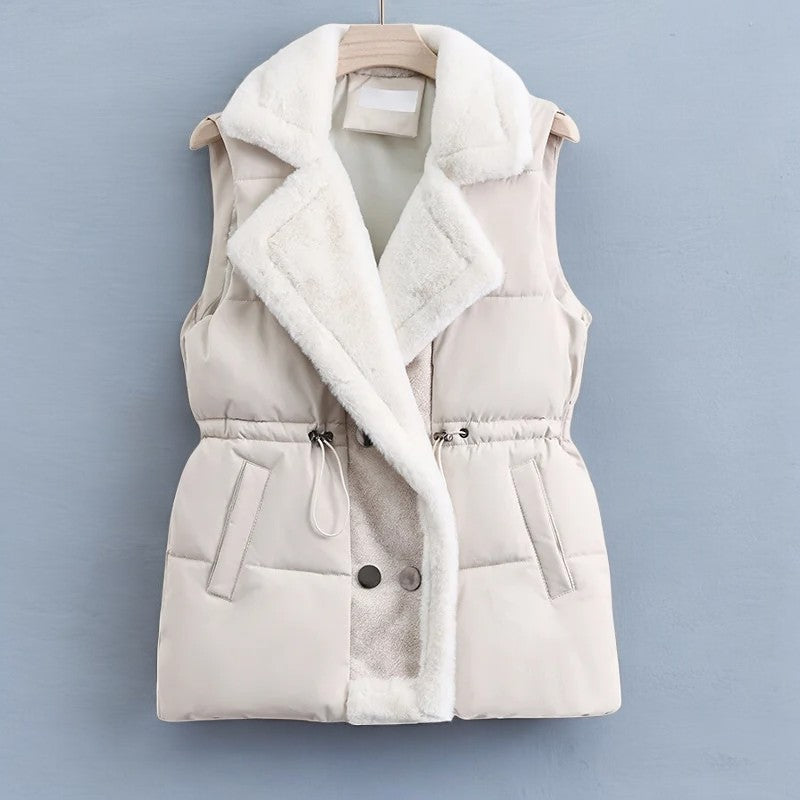 Elegant Layering Vest – Faux-Fur Collar Puffer White