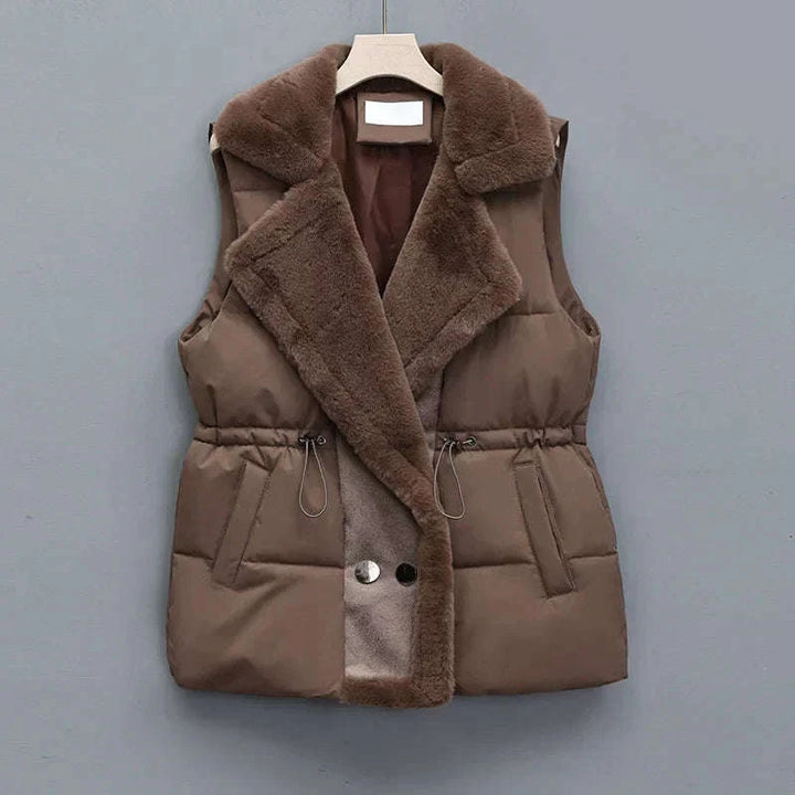 Elegant Layering Vest – Faux-Fur Collar Puffer Brown