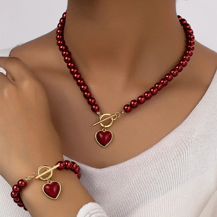 Elegant Pearl Jewelry Set Red