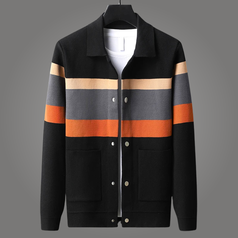 Elegant Soft Jacquard Knit Cardigan Black-Orange