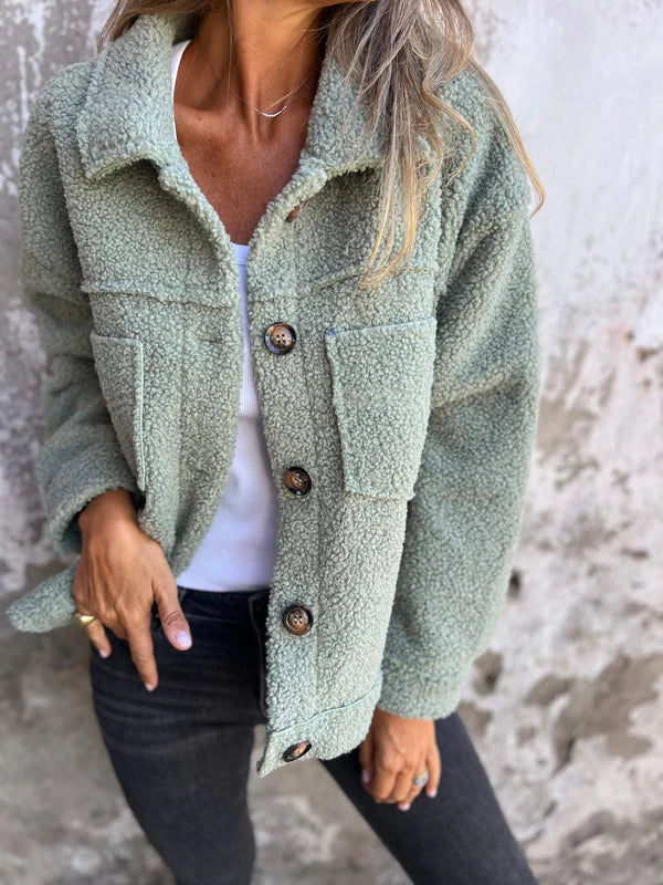 Elegant Wool Blend Jacket For Women With Lapel Design Green