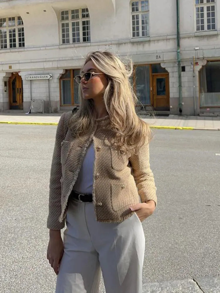 Beige Tweed Jacket With Gold Button Detailing For Women
