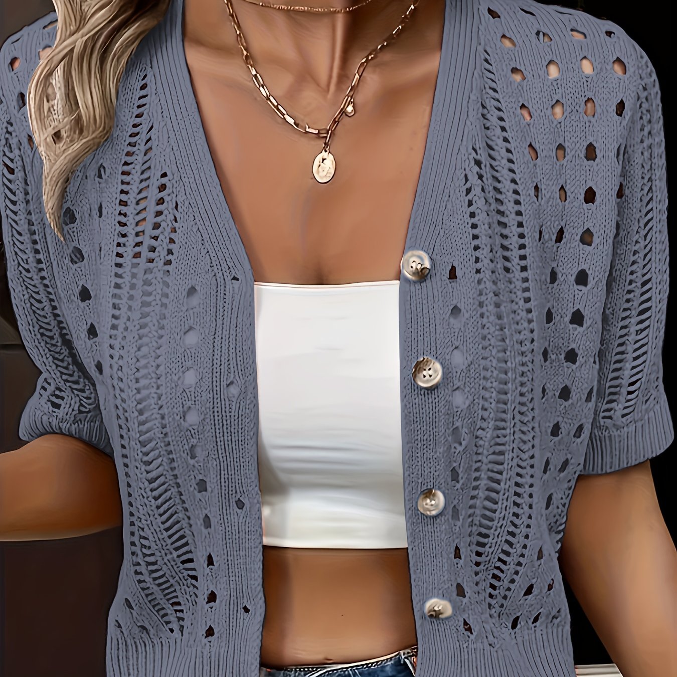 Chic Hollow Knit Cardigan for Effortless Style Grey