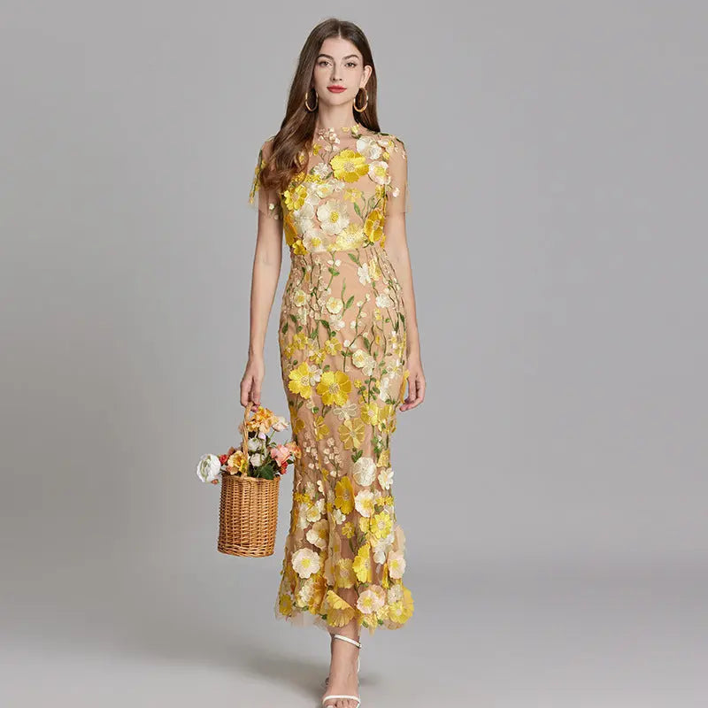 Women's Elegant Flowing White Maxi Dress with Embroidery Yellow
