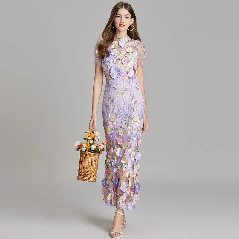 Women's Elegant Flowing White Maxi Dress with Embroidery Purple