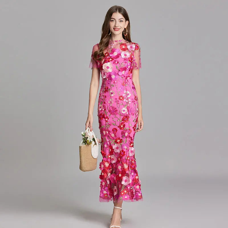 Women's Elegant Flowing White Maxi Dress with Embroidery Dark Pink