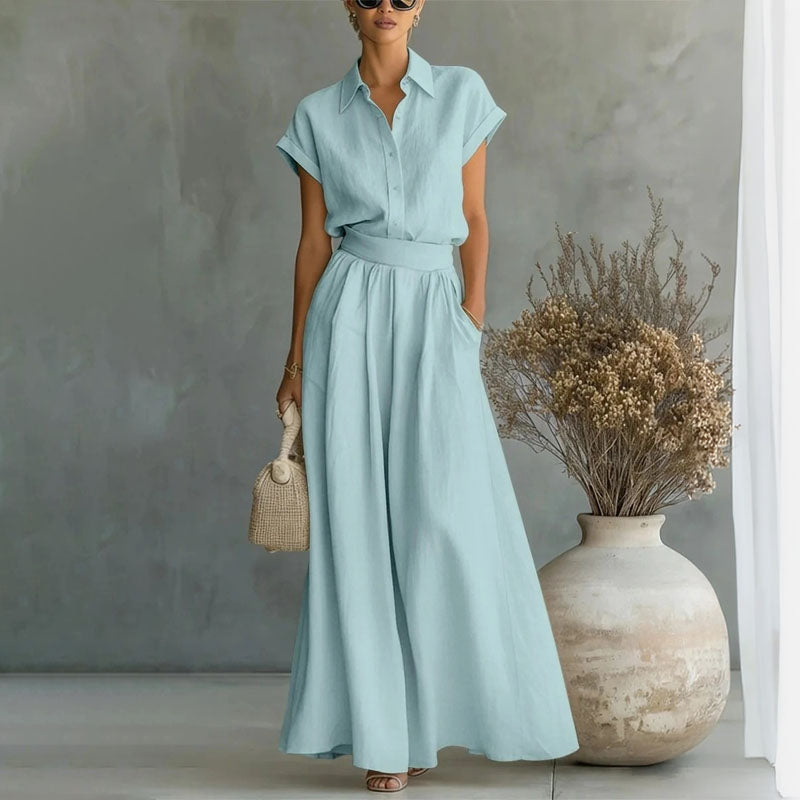 Emily | Women's Linen-Look Shirt and Wide-Leg Pants Outfit-MODAUTLET
