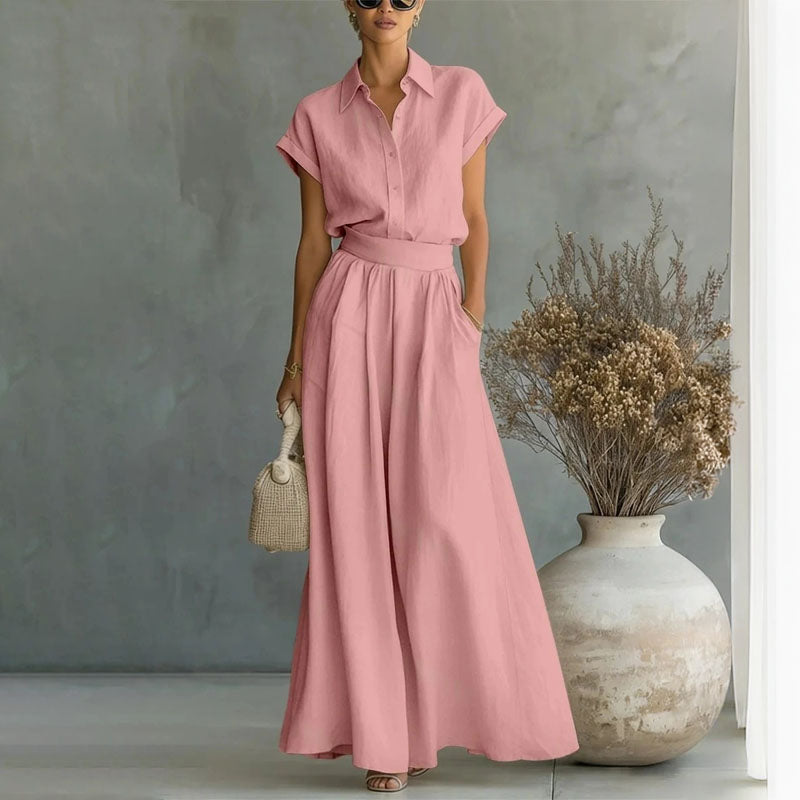 Emily | Women's Linen-Look Shirt and Wide-Leg Pants Outfit-MODAUTLET
