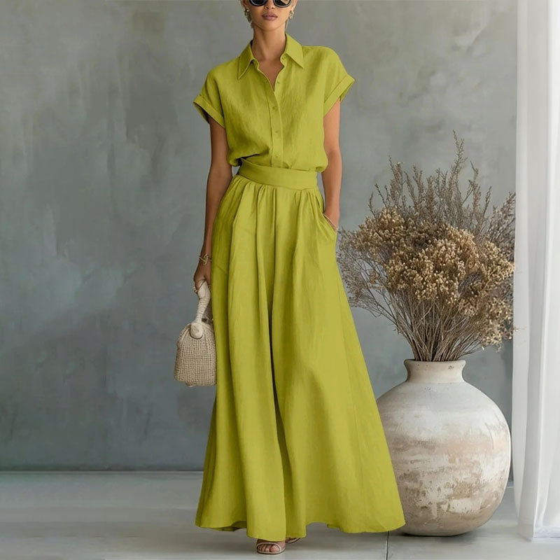 Emily | Women's Linen-Look Shirt and Wide-Leg Pants Outfit-MODAUTLET
