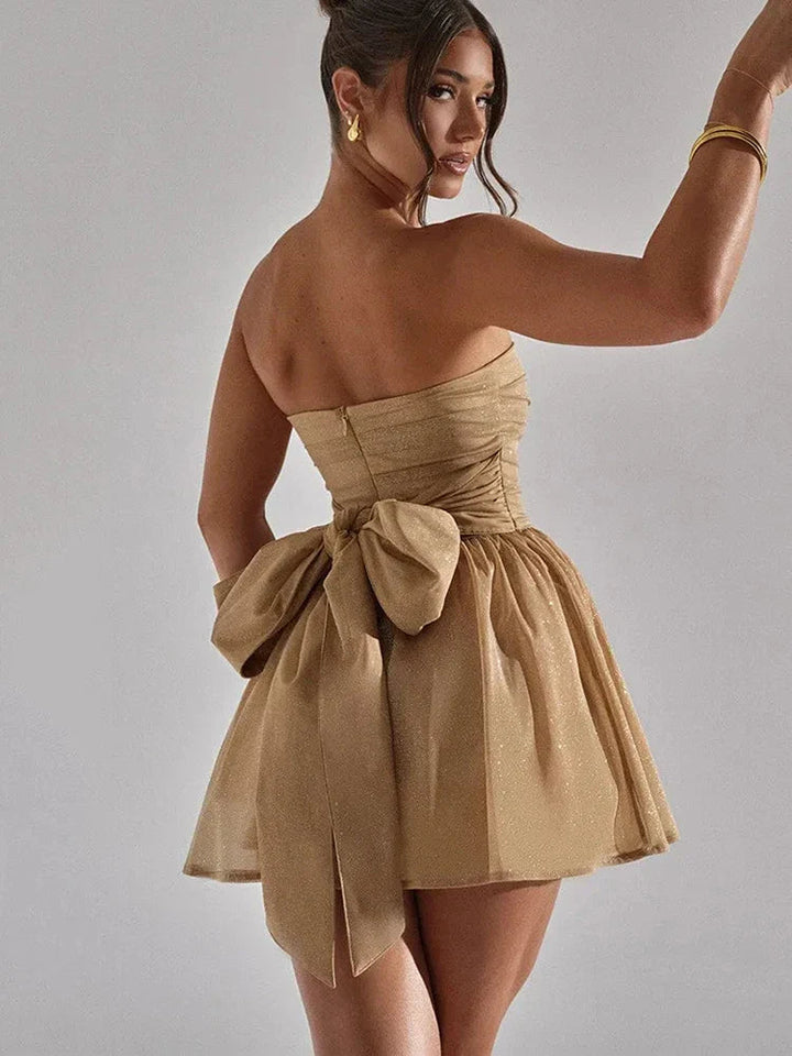Emily | Women's Strapless Pleated Mini Dress with Flare Hem Khaki