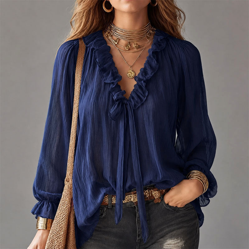 Estelle | Women's Ruffle Tie-Neck Bohemian Blouse-MODAUTLET