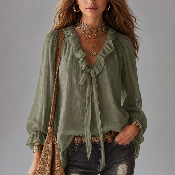 Estelle | Women's Ruffle Tie-Neck Bohemian Blouse-MODAUTLET