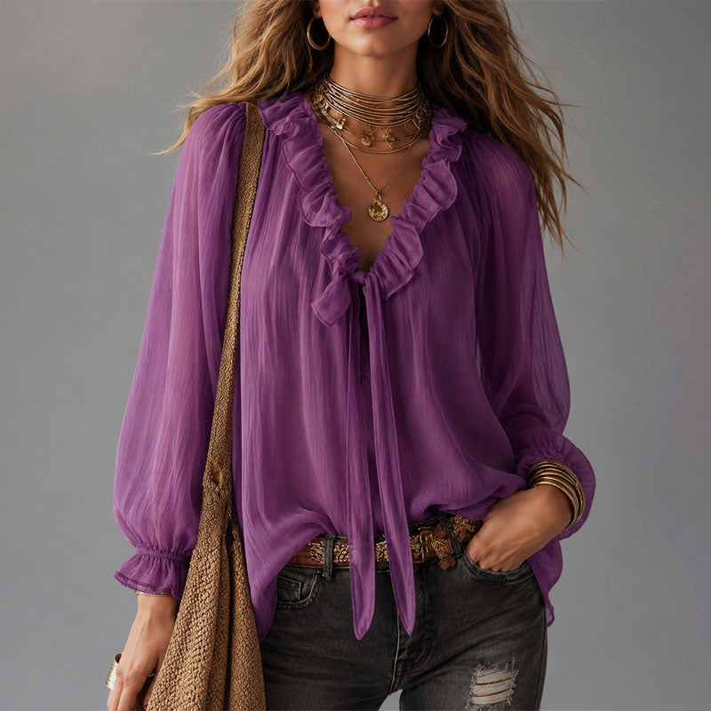 Estelle | Women's Ruffle Tie-Neck Bohemian Blouse-MODAUTLET