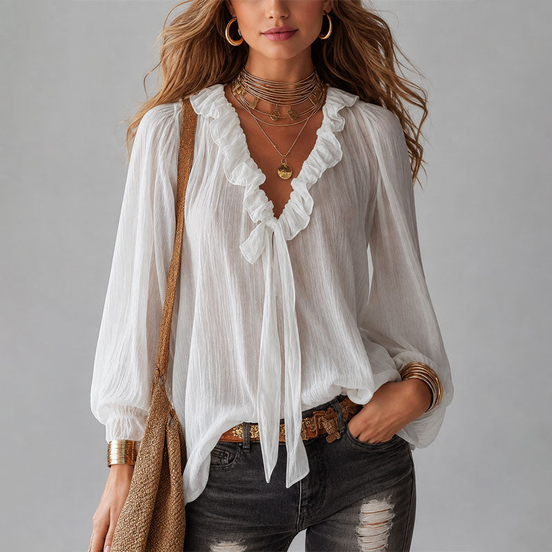 Estelle | Women's Ruffle Tie-Neck Bohemian Blouse-MODAUTLET