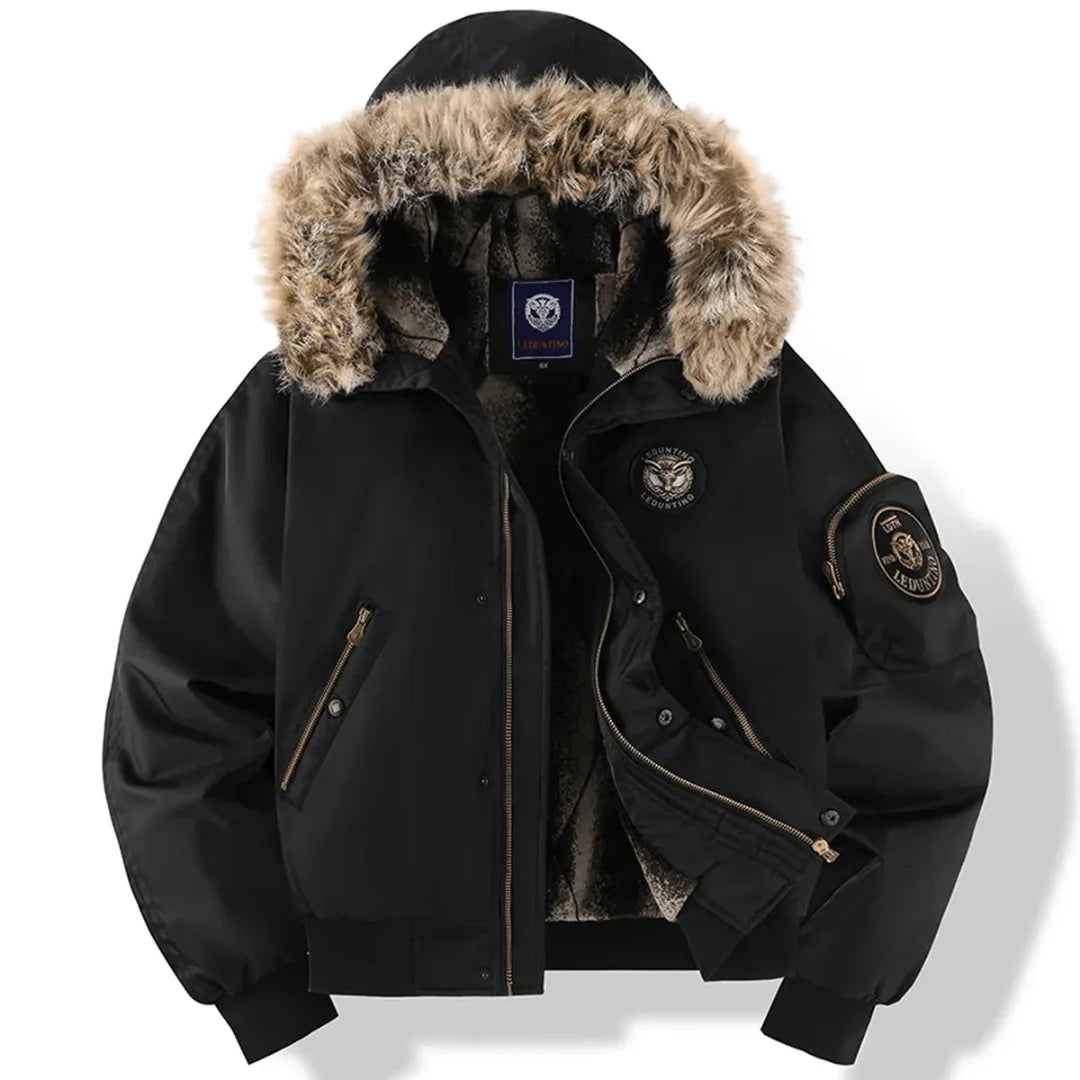 Faux Fur Hood Quilted Bomber Jacket Black