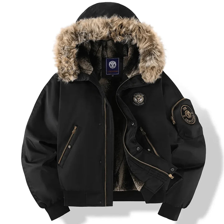 Faux Fur Hood Quilted Bomber Jacket Black