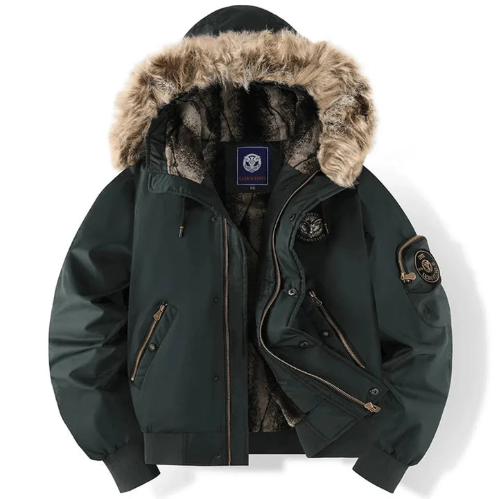 Faux Fur Hood Quilted Bomber Jacket Dark Green