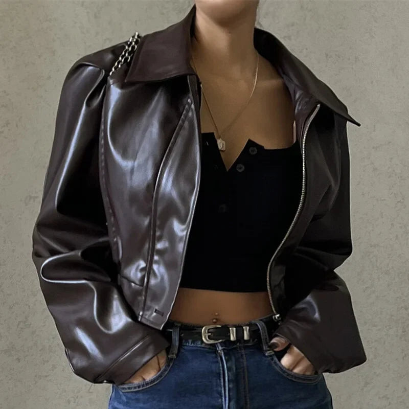 Faux Leather Crop Jacket Brown